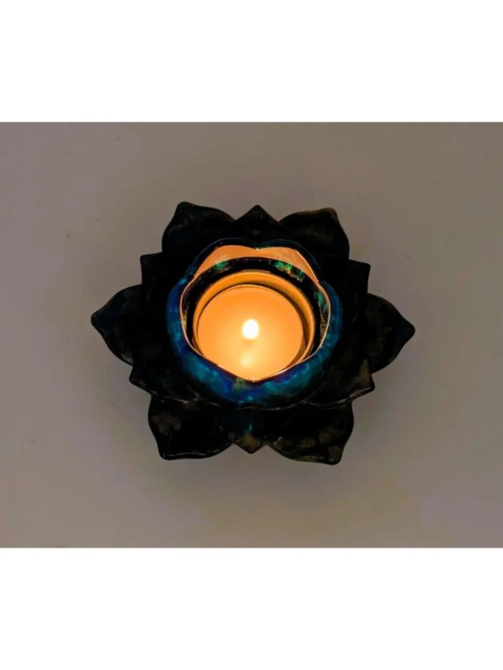 Lotus Flower Resin Tealight Holder Green, Gold & Blue 4.5